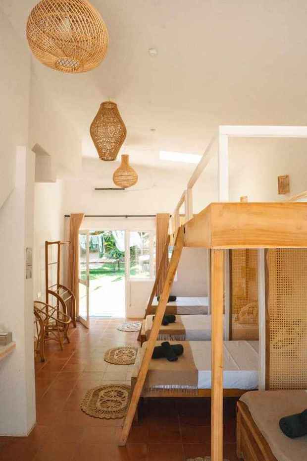 The dorm room with rattan lanterns
