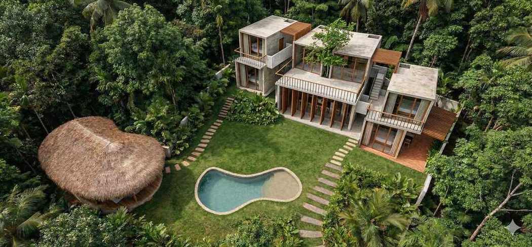 Aerial render — villas, pool and shala