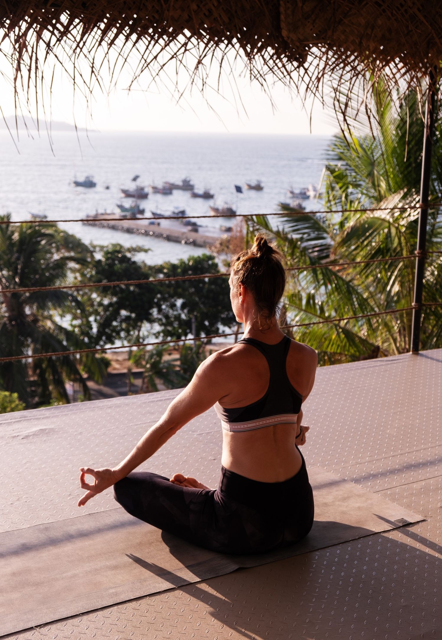 Meditation on the shala deck, ocean and Weligama harbour beyond