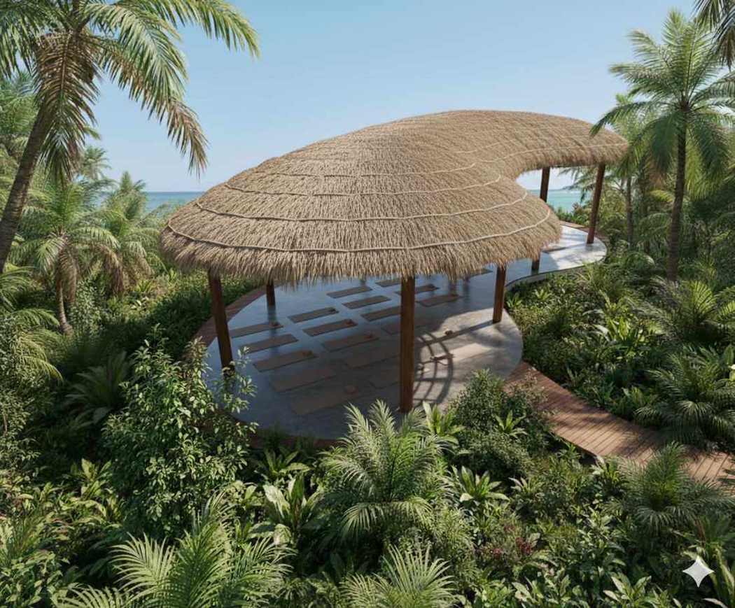 Render of the new Basecamp shala above the ocean