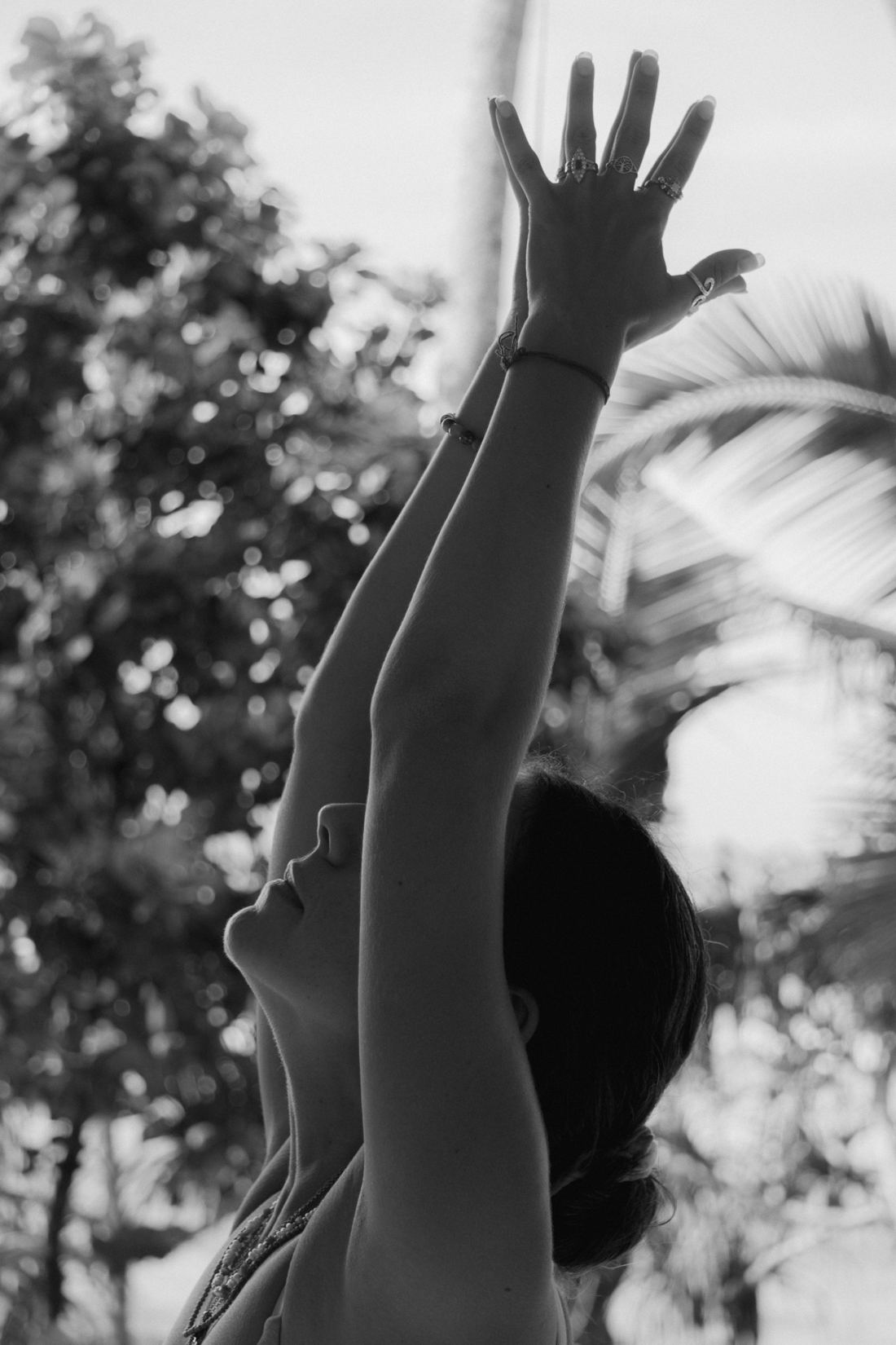Raised arms and open hands against the trees, in black and white